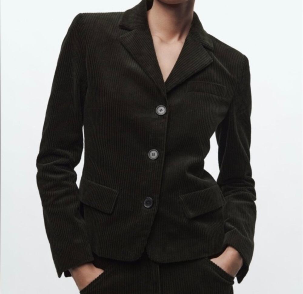 Zara Limited Edition Corduroy Blazer Jacket Women's Large Dark Olive Green